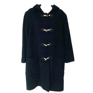 German Wool Cashmere Black Hooded Duffle Coat Womens 10 US 6 Leather Toggle‎ VTG